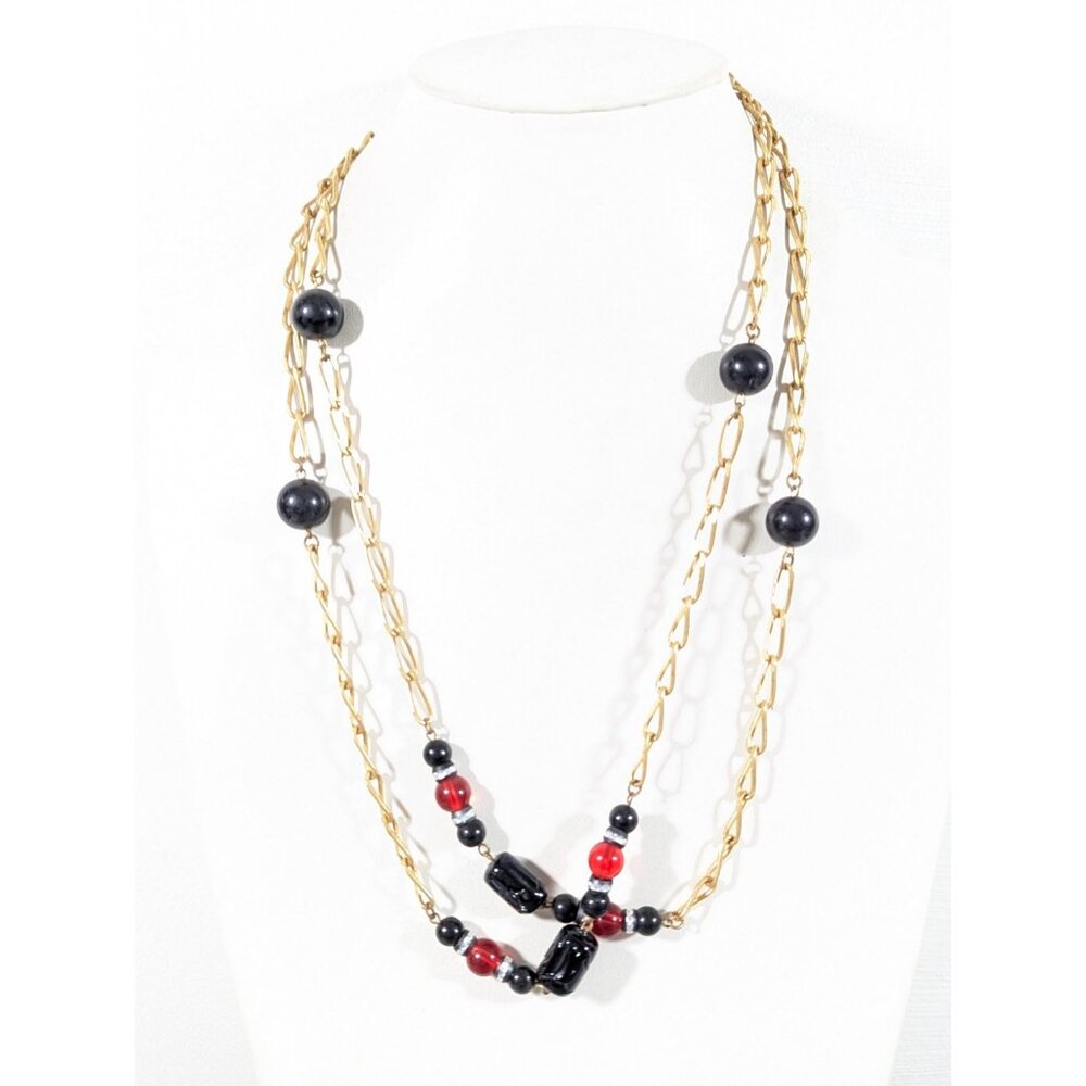Cadoro Vintage Gold Tone Necklace Black‎ Red Glass Lucite Long Opera Length 54"